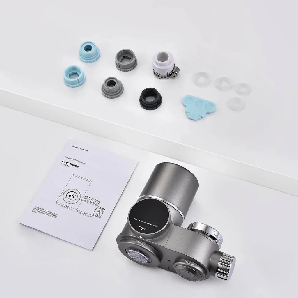 Vertical Faucet-Mount Water Filtration System, Chlorine, Rust, Lead-Reducing Filter, Easy Installation, 500-Gallon Capacity, Compatible with External Aerators, Grey