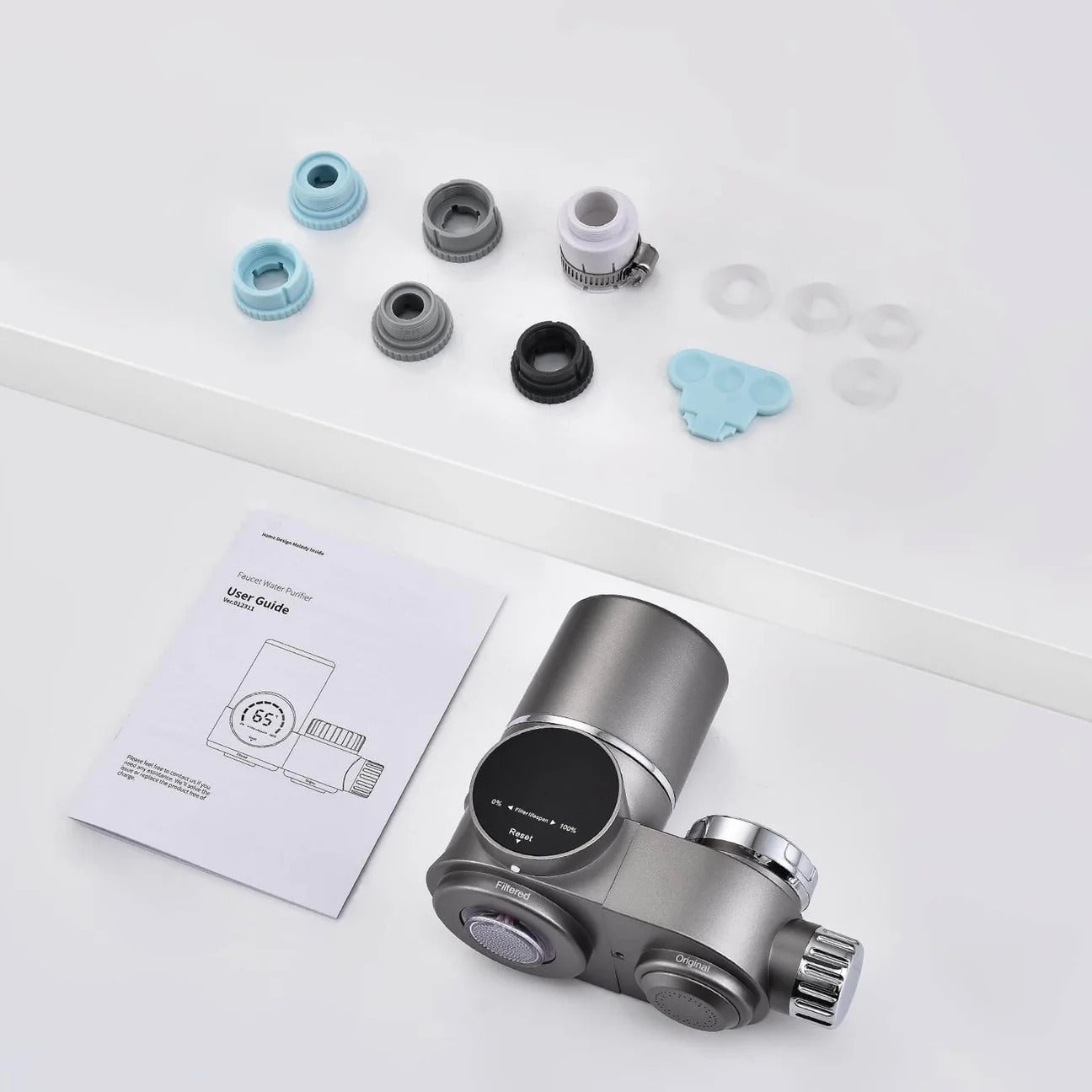 Vertical Faucet-Mount Water Filtration System, Chlorine, Rust, Lead-Reducing Filter, Easy Installation, 500-Gallon Capacity, Compatible with External Aerators, Grey